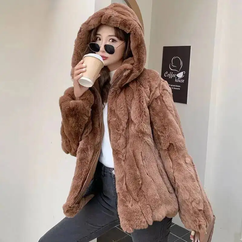 100% Real Rabbit Fur Coat Women Winter Loose Hooded Zipper Natural