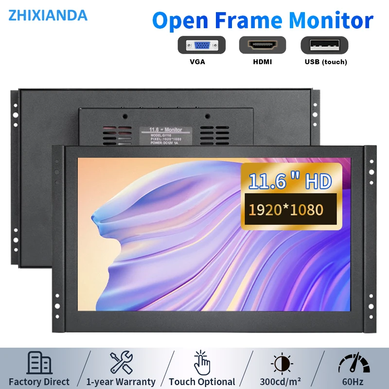 11.6 Inch Widescreen Open Frame Monitor 1920*1080 IPS LCD Industrial Resistive/Capacitive Touch Screen Display With HDMI VGA