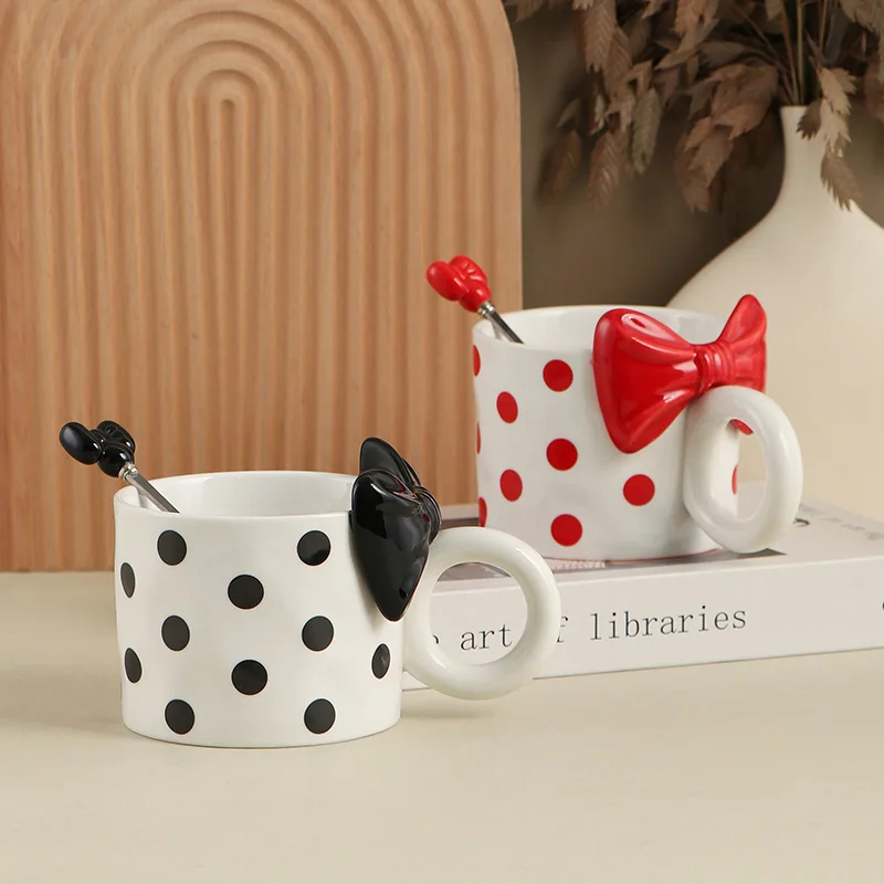 420ml European Ceramic Coffee Cup Polka Dot Bow Mug Afternoon Tea Flower Tea Coffee Cup Exquisite Breakfast Mug Birthday Gifts