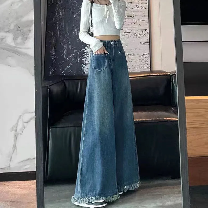 Washed Burrs Wide Leg Denim Trousers Women's 2026 Spring Autumn New Fashion Vintage High Waist Loose Street Mop Pants