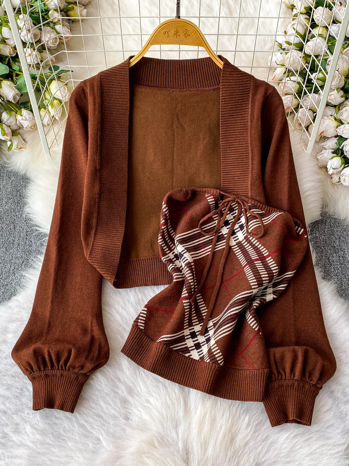 

Korobov Vintage Y2k Sexy Long Sleeve Solid Casual Loose Knitted Cardigan and Striped Drawstring Vests