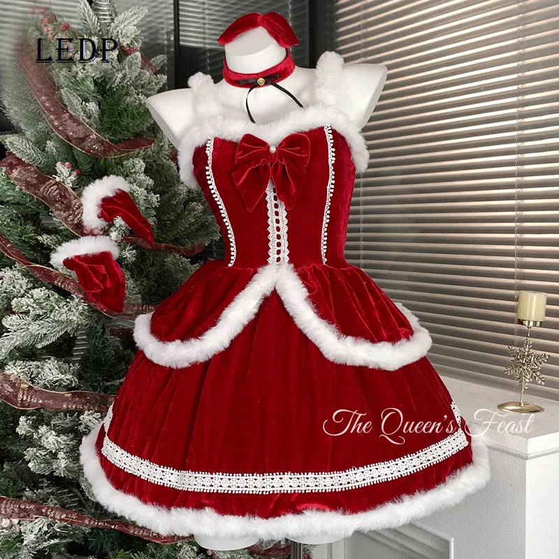 

Christmas Red Velvet Splicing White Fluffy Women's Sling Dress Autumn Winter New Sweet Cool Sexy Lolita Dress Shawl Suit Ladies