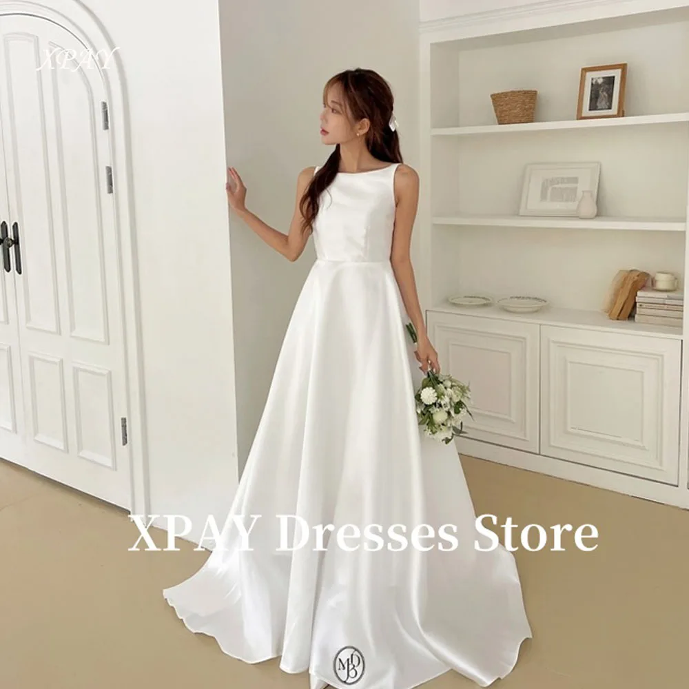 

XPAY Simple Silk Satin Wedding Dresses Korea Photo shoot Scoop Neck Floor Length Bridal Gowns Formal White Mariage Customized