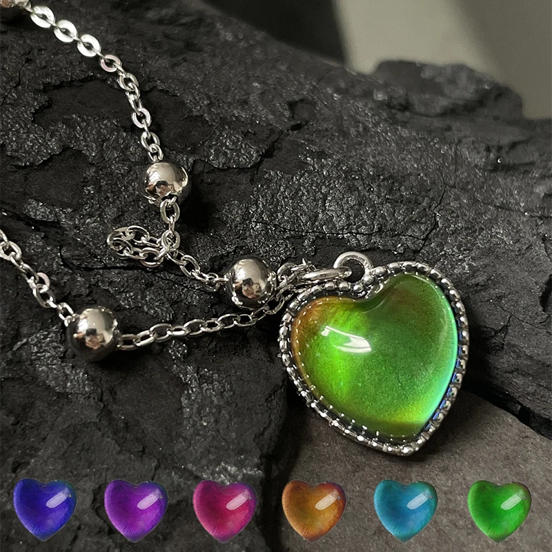 Mood Necklace Color Change Feeling Temperature Control Love Heart Pendant Necklace Stainless Steel Chain Jewelry for Women