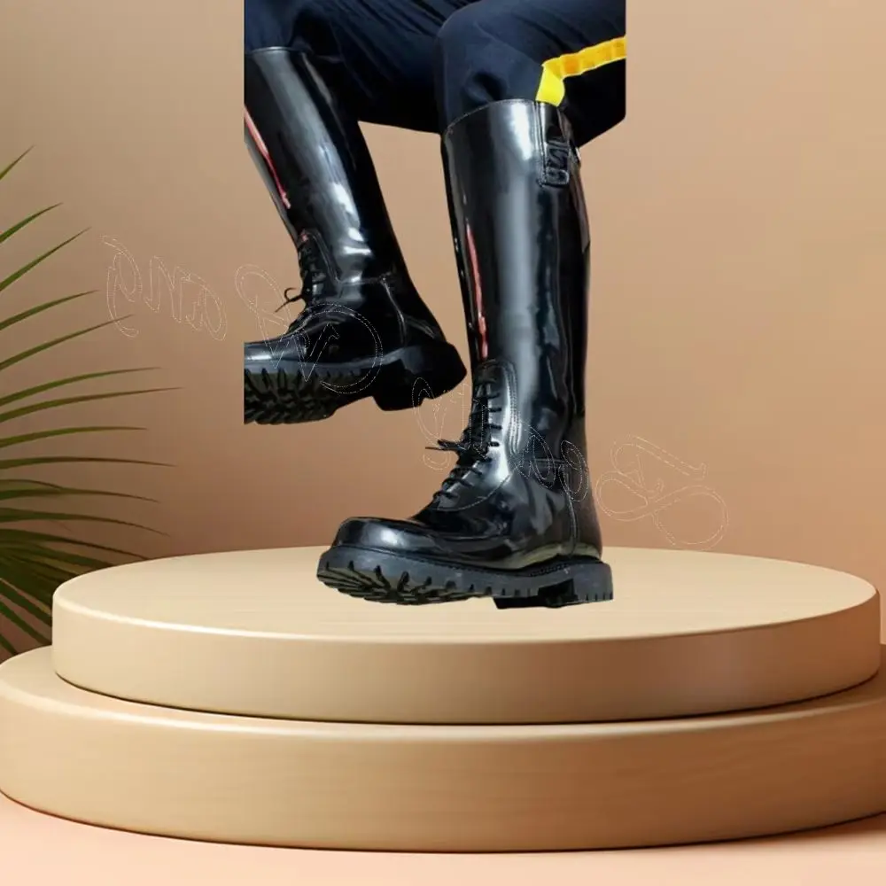 

Black Metal Decor Slip on Boots Solid Men's Shoes Long Matte Leather Round Toe Knee High Shoes for Men Zapatos Para Hombres