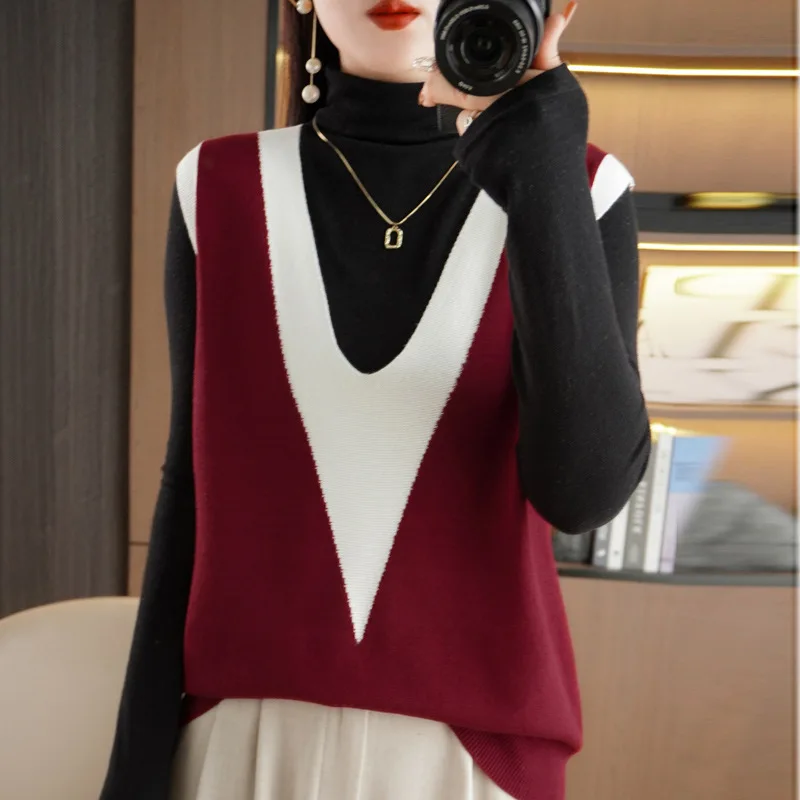 Moda Otoño Invierno suéter nuevo suelto cuello pico Color bloqueado sin mangas pulóver elegante temperamento camisa de punto suelta chaleco