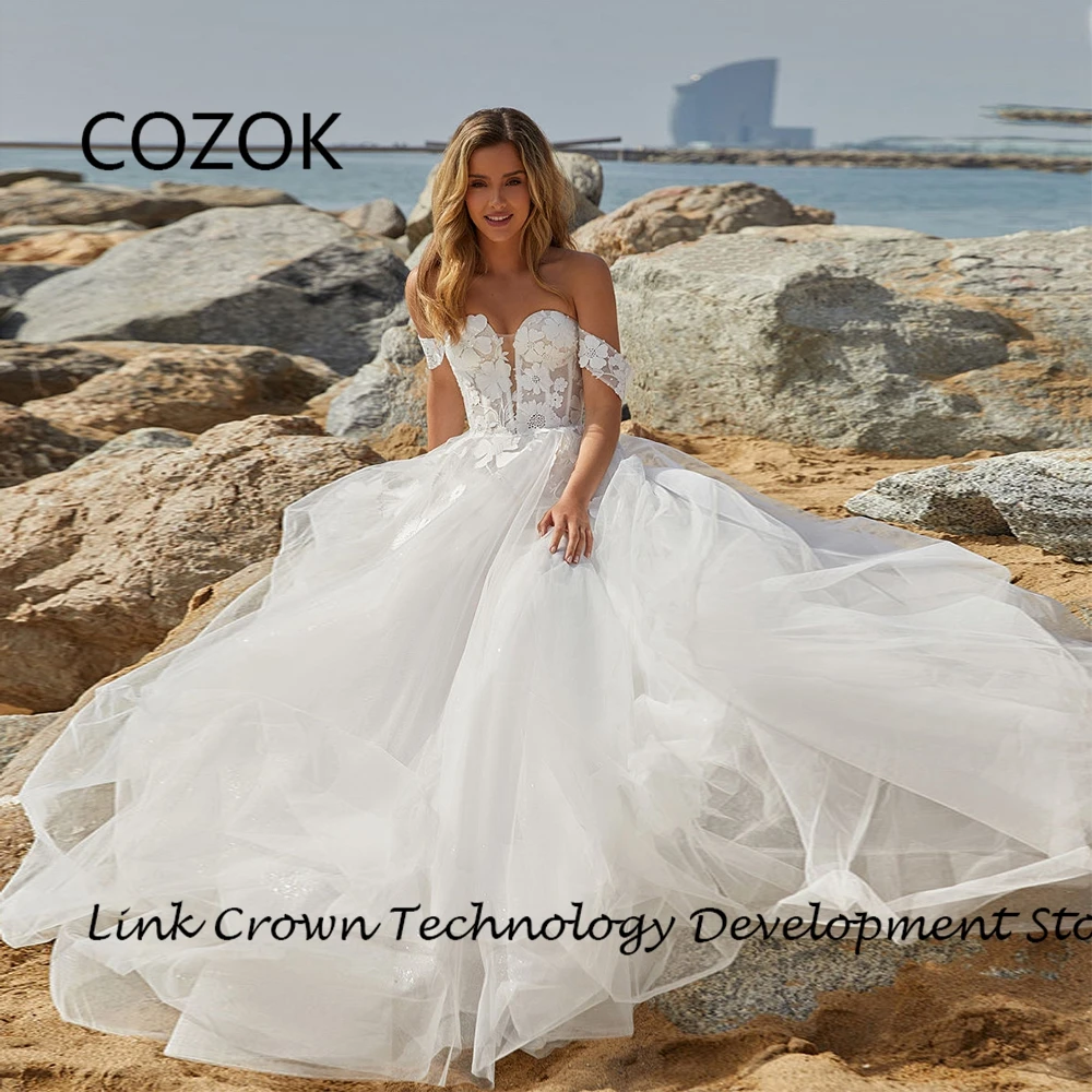 

COZOK V Neck Ivory Wedding Dresses with Lace Off Shoulder Bridal Gowns for Women Soft Tulle Vestidos De Novia 2024 Summer New