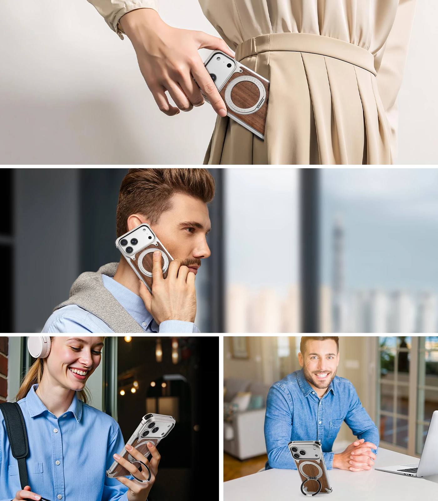 Eary Wood Phone Case for iPhone 17 Pro Max 360°Rotation Magnetic Stand Shockproof Protection Cover Solid Wooden Frameless Bumper