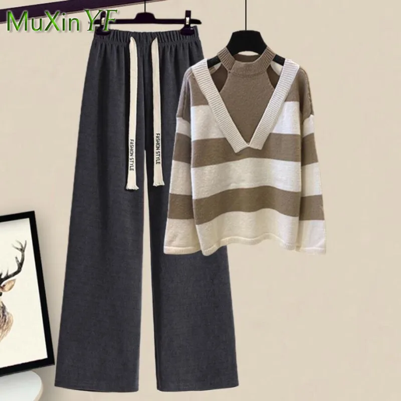 Korean Elegant Autumn Suit Women 2024 New Fashion Sexy Striped Hollow Knit Sweater Top + Pants Two Piece Set Female Clothes