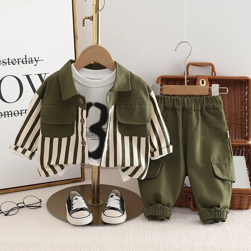 Autumn 2024 Toddler Boys 3PCS Clothes Set Cotton Printed Tops Striped Spliced Shirts Solid Loose Pants Suit Kids Boys Outfits