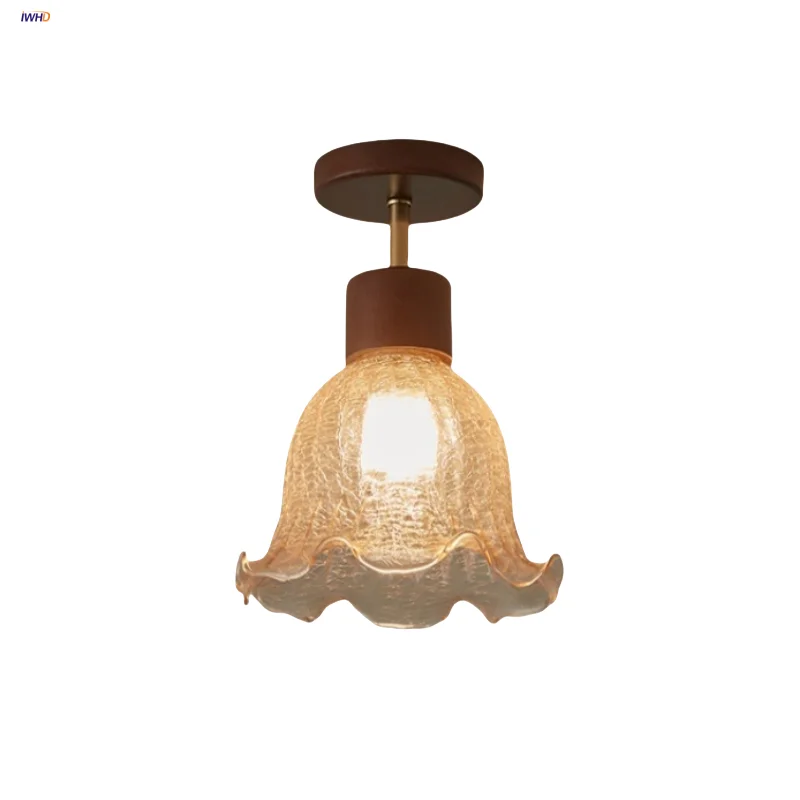 

IWHD Loft Vintage LED Ceiling Lights Ice Crack Amber Glass Wood Bedroom Living Dining Room Decoration Ceiling Lamp Lampara Techo