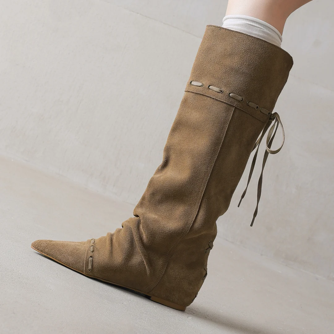 

Women's natural suede leather pointed toe slip-on autumn flat knee high boots high quality casual female long boots shoes woman