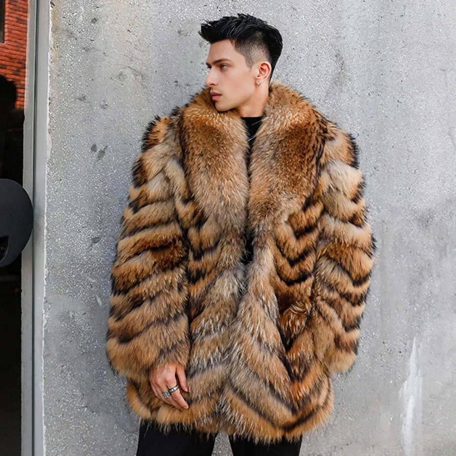 

Men's Real Raccoon Fur Coat Natural Fur Jacket Luxury Winter Mid-Length Fluffy Jacket