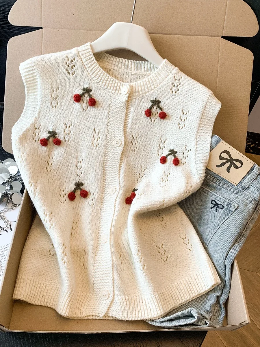 

Unique 3D Cherry Women's Summer Knitwear Slimming Layering Top Anti-Aging Hollow out Design Trendy Loose Fit round Ne Sv...