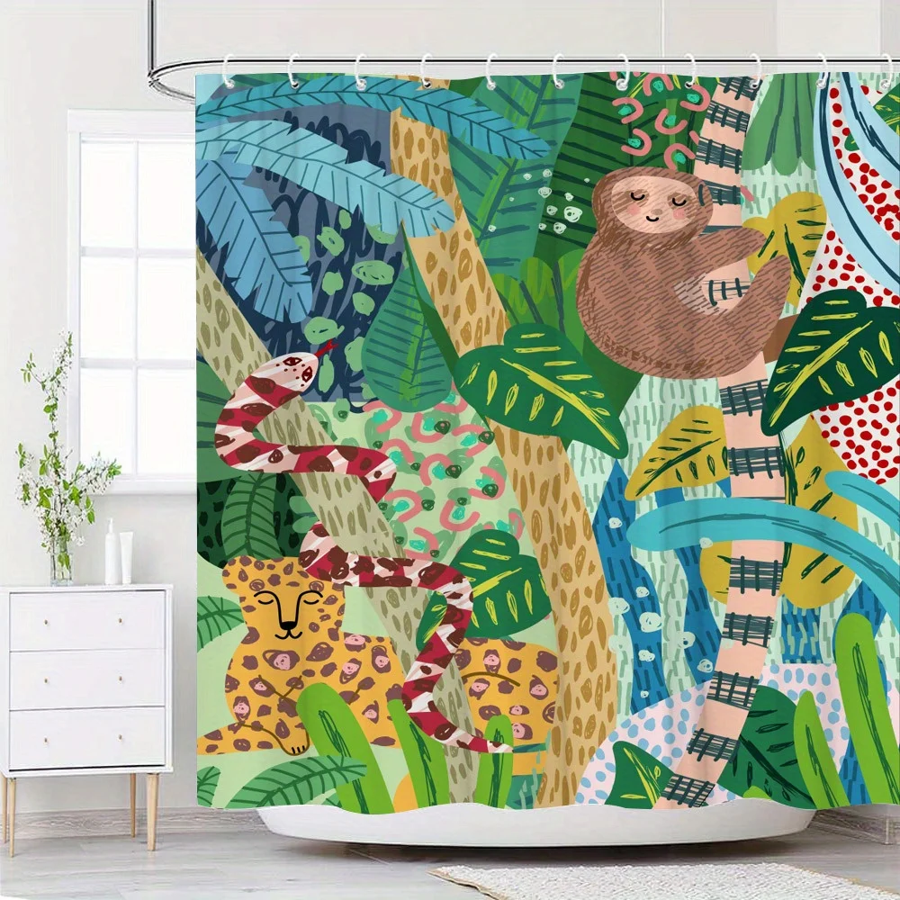 Tropical Jungle with Sloth and Leopard Waterproof Shower Curtain for Bathroom Decor, Unique Art Design, Vibrant Colors