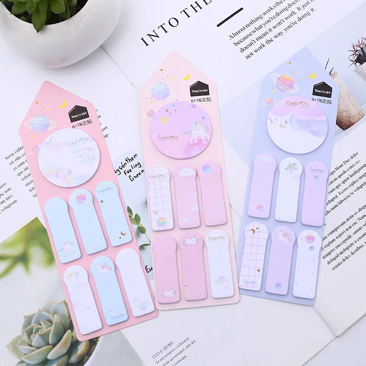 

1 set Memo Pads Kawaii Stickers Cosmic unicorn Sticky Notes Escolar Papelaria School Supply Bookmark Notepad Label