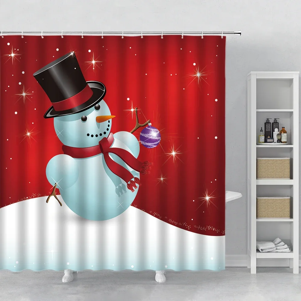 Child Christmas Shower Curtains Cute Snowman Green Xmas Tree Pine Snowflake Blue Bathroom Bath Curtain New Year Decor Wall Cloth