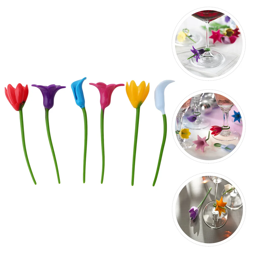 6 Pcs Flower Glass Logo Decorative Markers Shape Charms Identification Drink Silicone Silica Gel Party Decorations