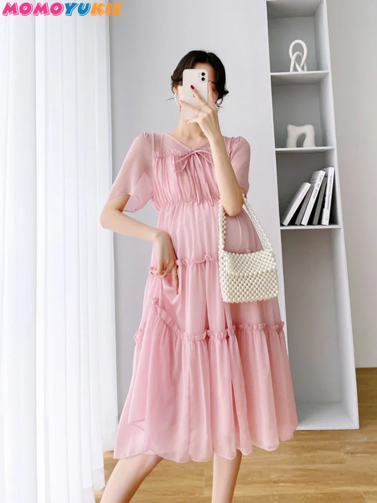 2022 New Fresh Fairy Maternity Solid Chiffon Cake Dress For Summer Pregnancy Clothes V-Neck Knee-Length Pregnant Vestidos