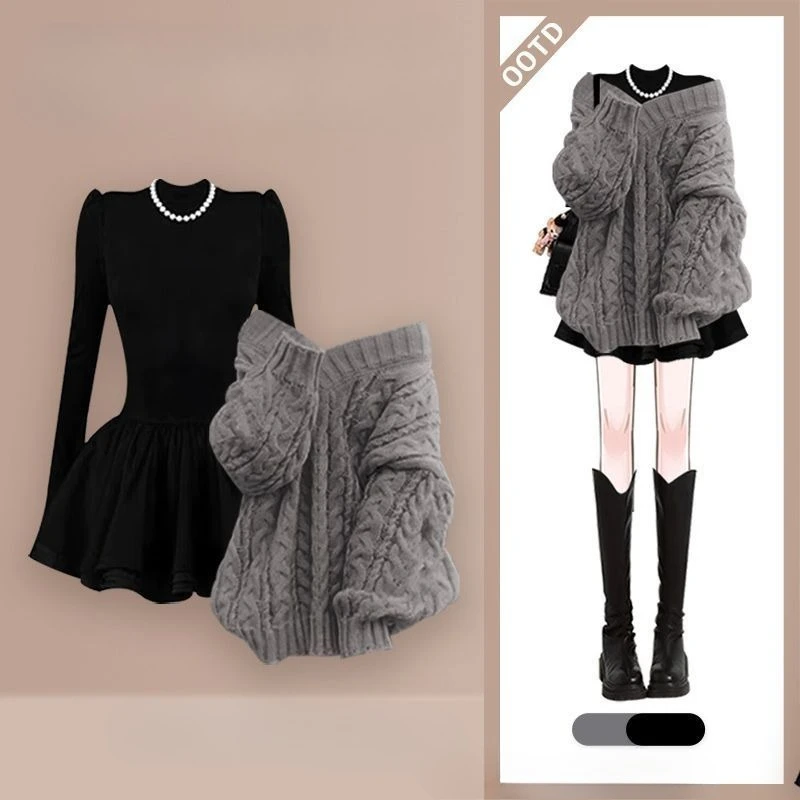 

A Complete Set of Lazy and Stylish Knitted Sweater for Autumn and Winter Wear Slimming and Versatile Half Skirt Two-piece Set