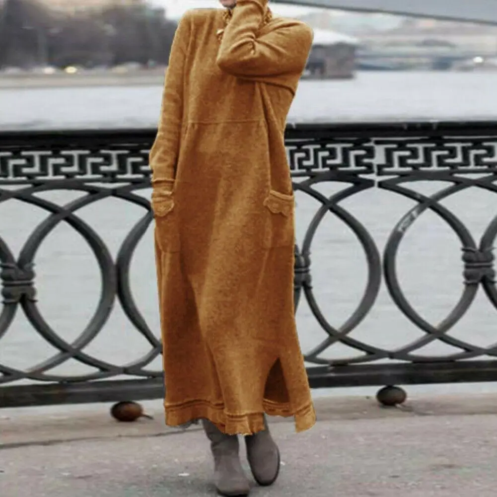 

Women Fall Spring Dress With Pockets Loose Long Sleeves Slit Hem Pure Color Plus Size Knitted Lace Trim Daily Wear Maxi Dress