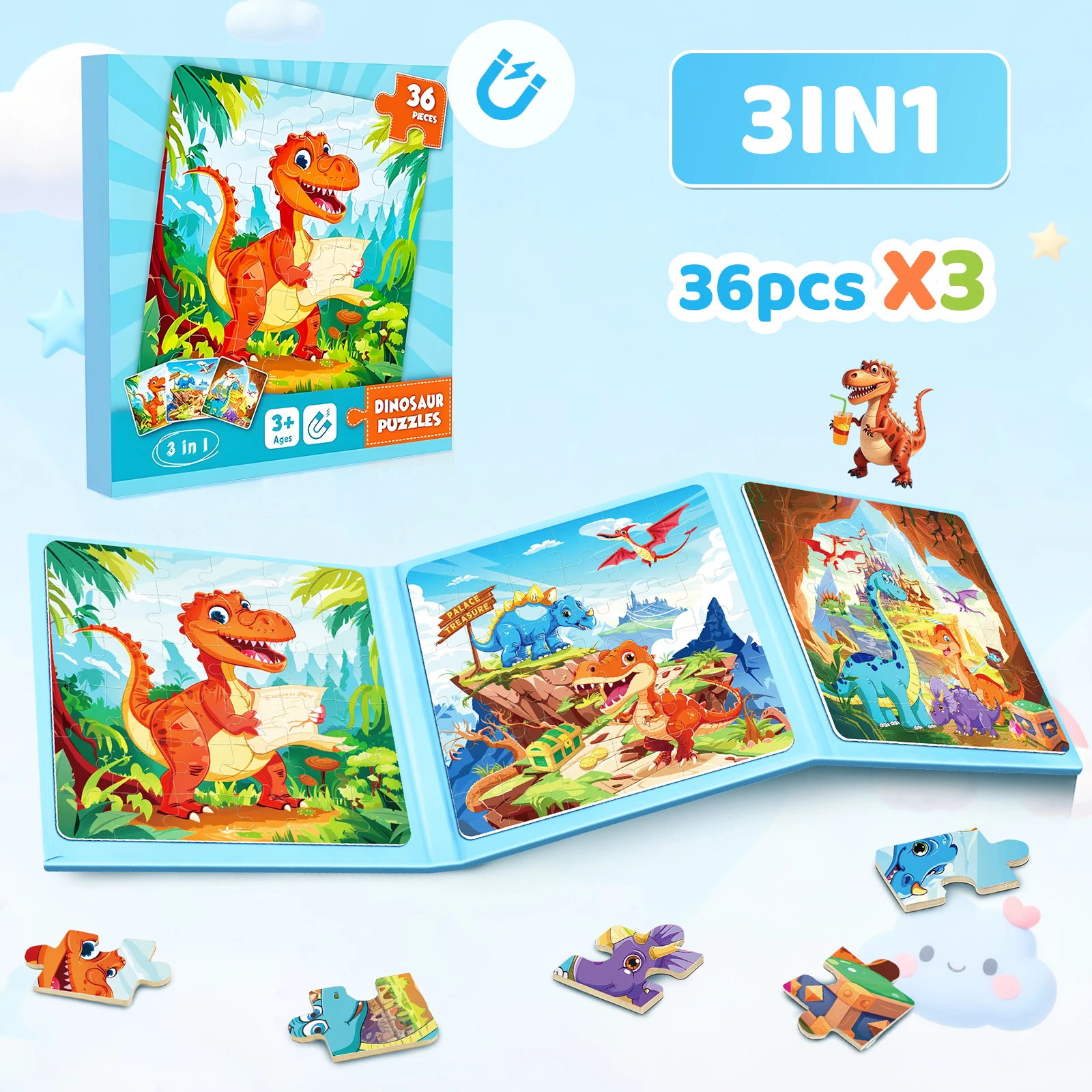 

Dinosaur Magnetic Jigsaw Puzzles for Kids 3 In 1 Travel Puzzles Toys Montessori Educational Games Girls Boys Birthday Gifts
