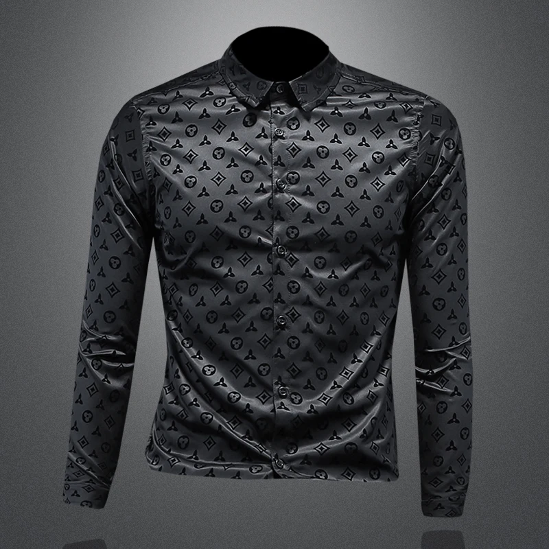 

Men's long sleeved shirt, fashionable and high-quality printed shirt, lapel single breasted plus size slim fit shirt M-5XL