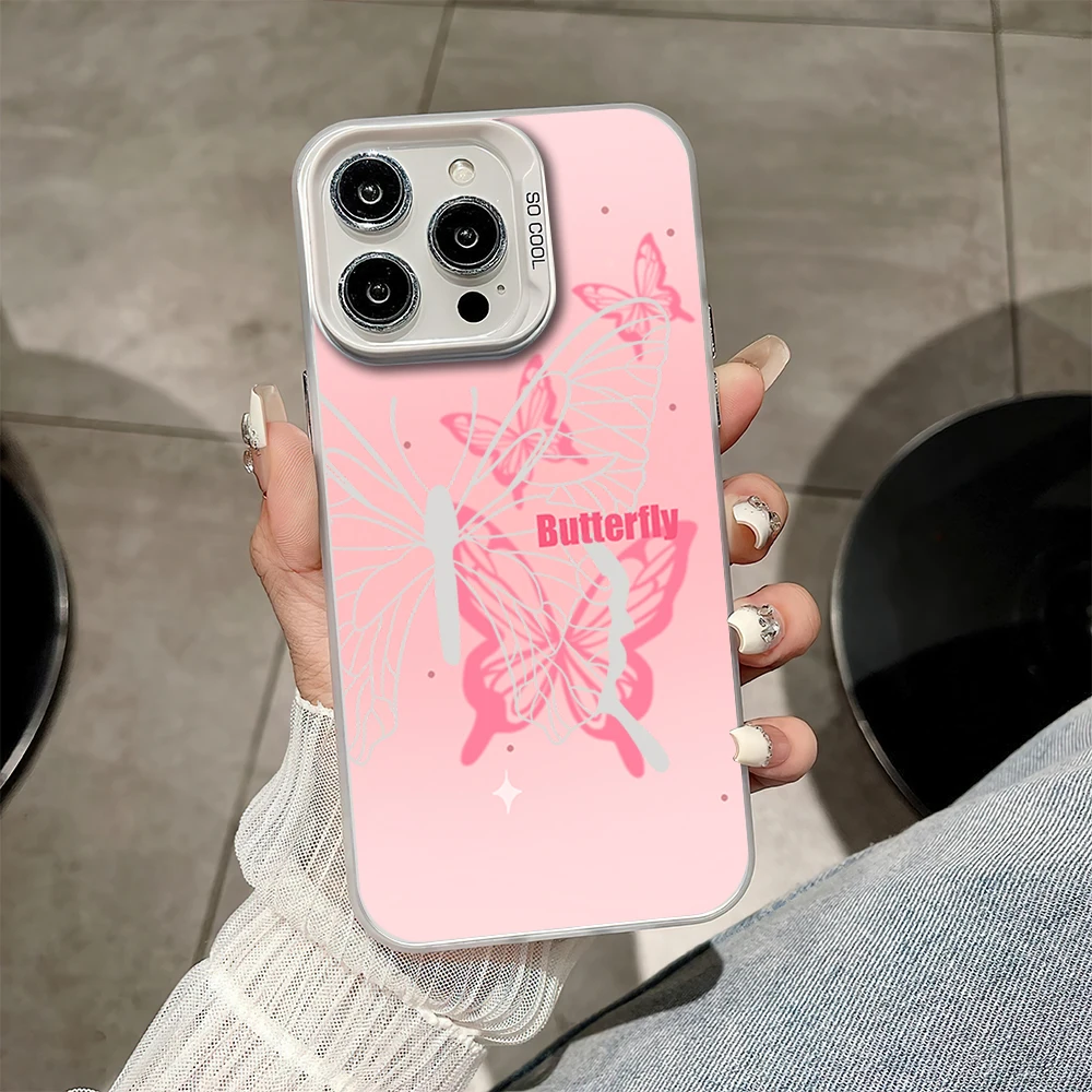 Capa de telefone de moda sonho borboleta rosa, IMD Color Shell para iPhone 16, 12, 13, 14, 15, 11, Max Pro, Plus