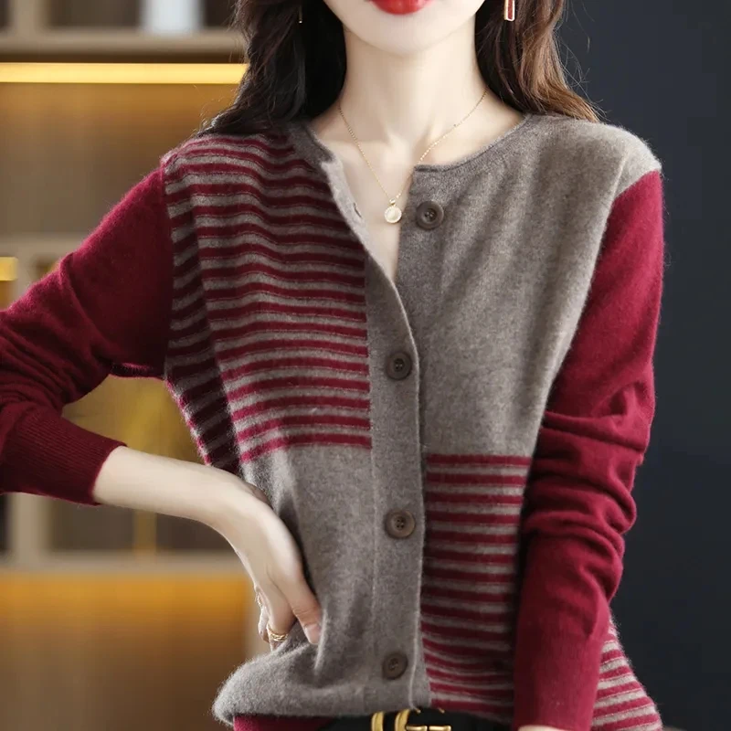 O-Collar Wool Cardigan Women Spring Autumn Jacket New Korean Color Blocking Long Sleeved Knitted Sweater Coat Loose Female Tops