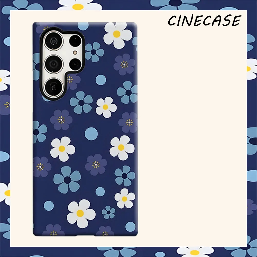 Navy Daisy Dot Print For Samsung Galaxy S26 S25 S24 A56 A36 Dual Layer Luxury Fashion Full Lens Protective Case