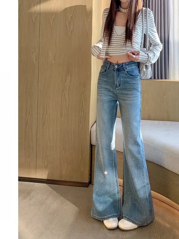 

High Waist Flared Jeans Women's Spring New Style Glittering Drill Embellished Slimming Non-Matching Leggings