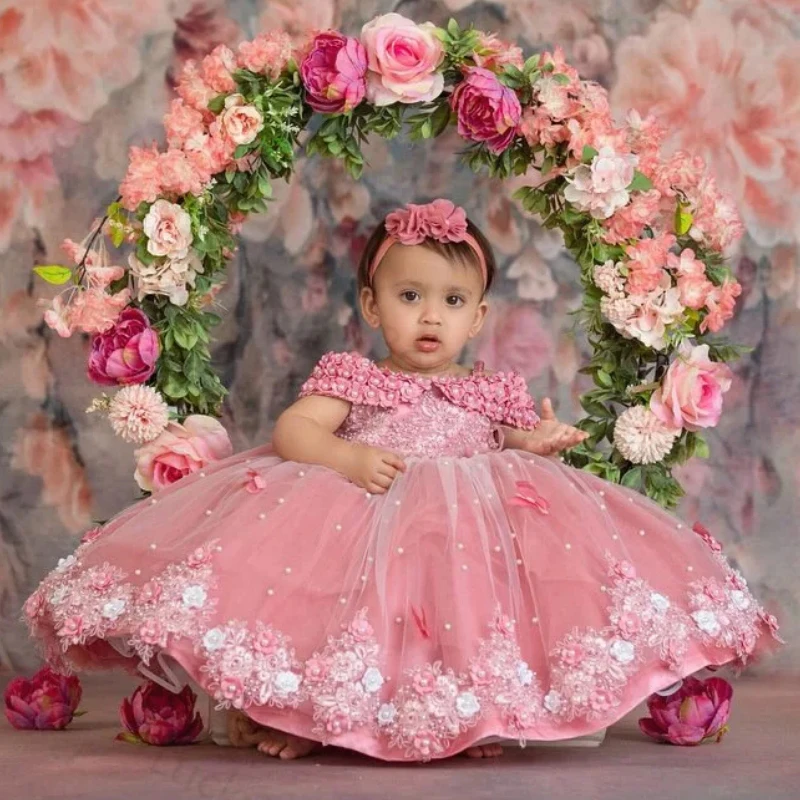 Pink Flower Girl Dresses Pearls Lace Floral Gown First Communion Dress Birthday Photos Shoot Gowns for Party