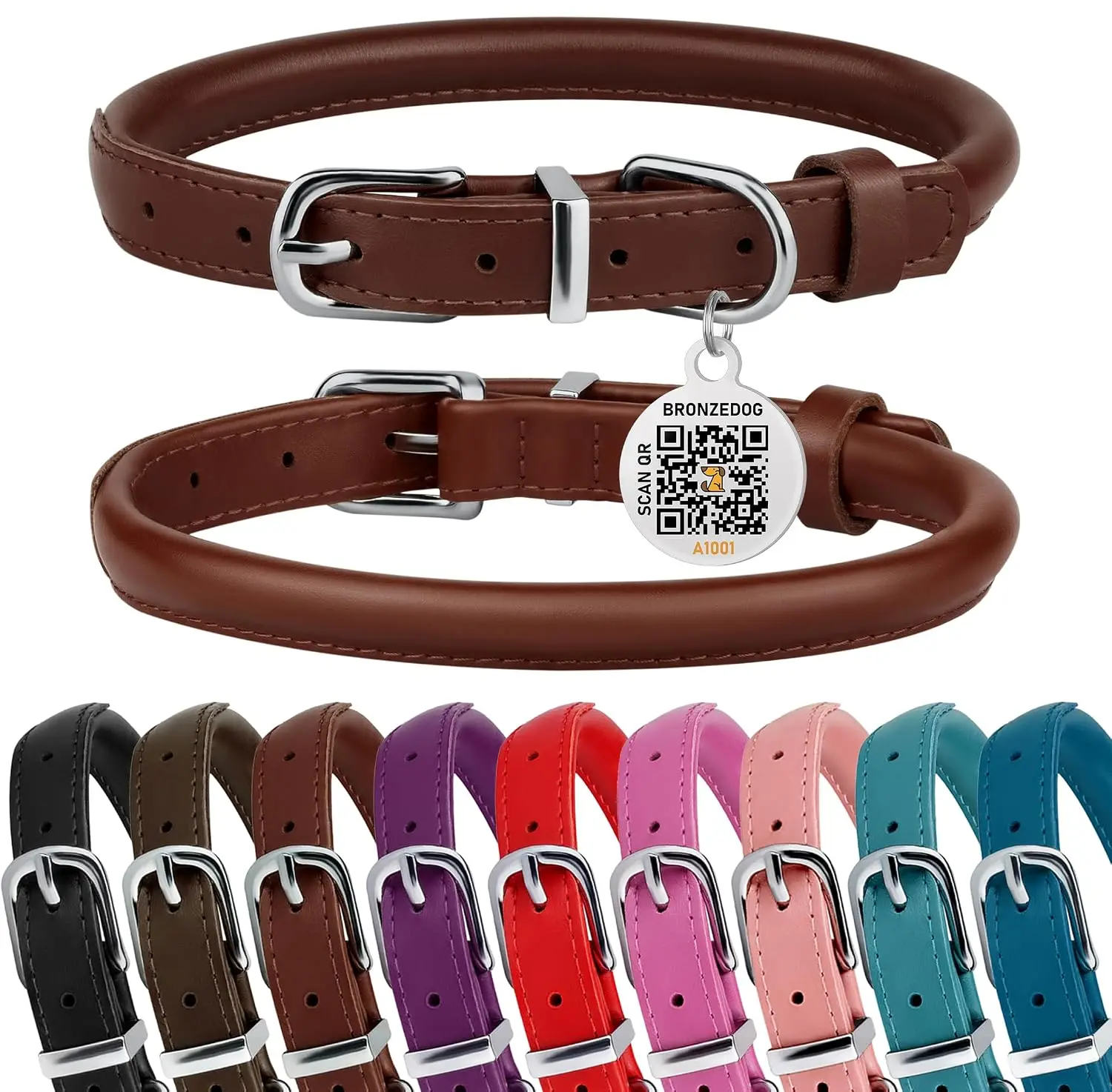 Rolled Leather Pet Collar with QR ID Tag Anti-Tangle 9-11 Inch Brown, Customized