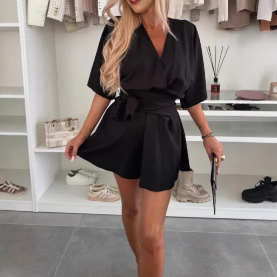 

American European New Fashion Summer Women's Solid Color Casual Trendy Loose V-neck Lace-up Short Sleeve Short Rompers Female