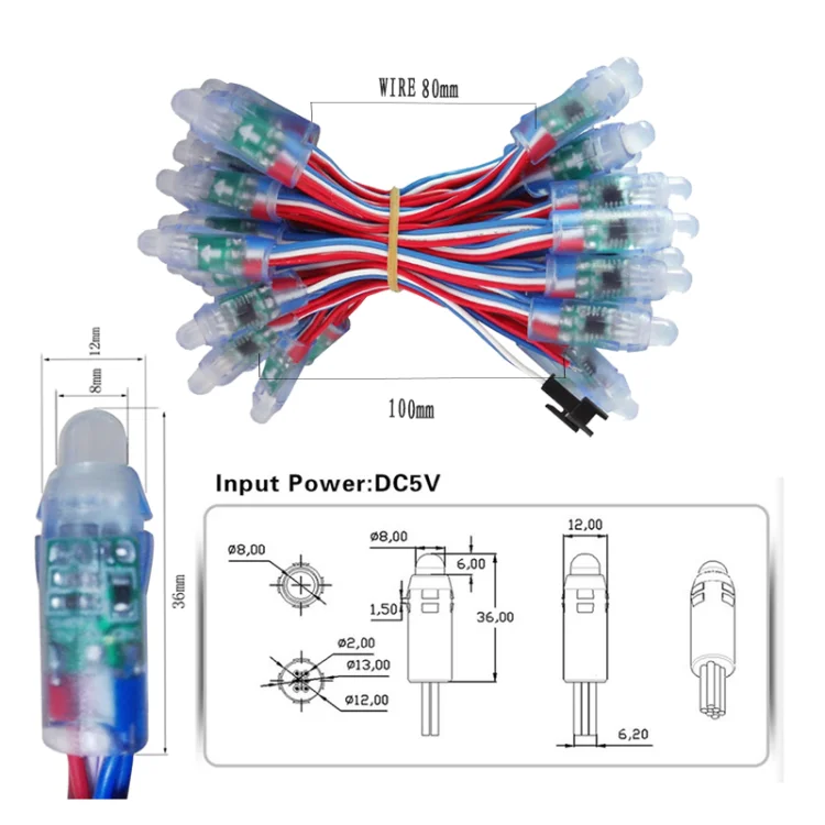 1000pcs 12mm WS2811 IC Full Color Pixel LED Module Light DC 5V input IP68 waterproof RGB color Digital LED Pixel Light Full Kit