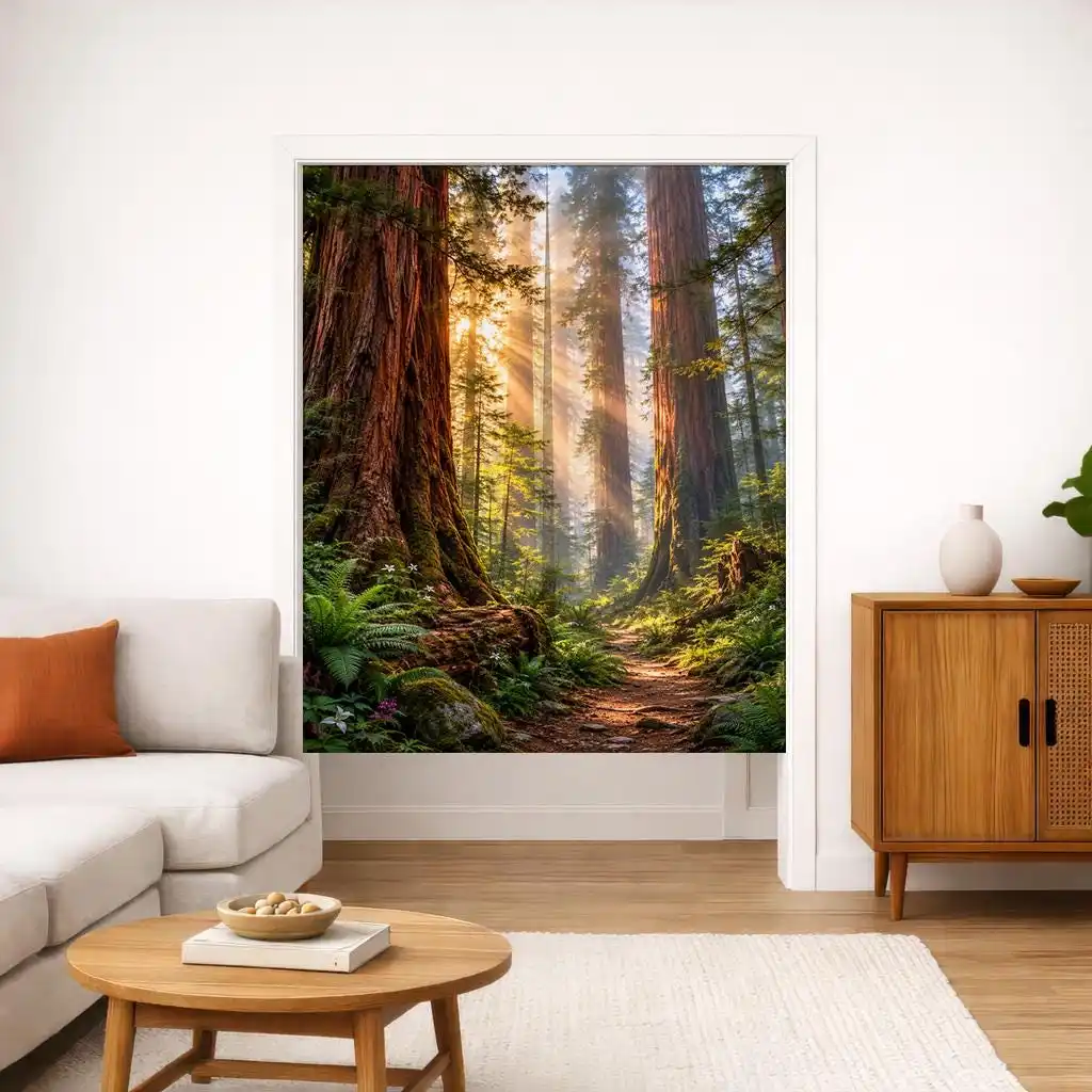 Realistic Redwood Forest Scene Shower Curtain Waterproof Bathroom Decor Tropical Nature Sunlight Print