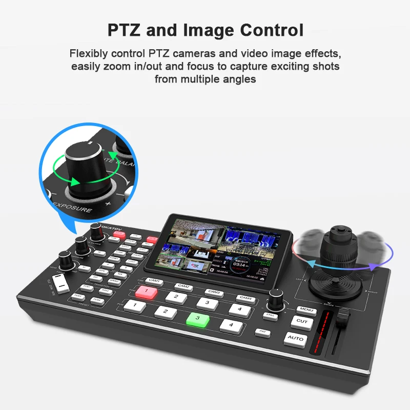 محول خلاط فيديو مع وحدة تحكم PTZ شاشة LCD مقاس 5.5 بوصة، محول بث مباشر HDMI ذو 4 قنوات مع عصا تحكم 4D