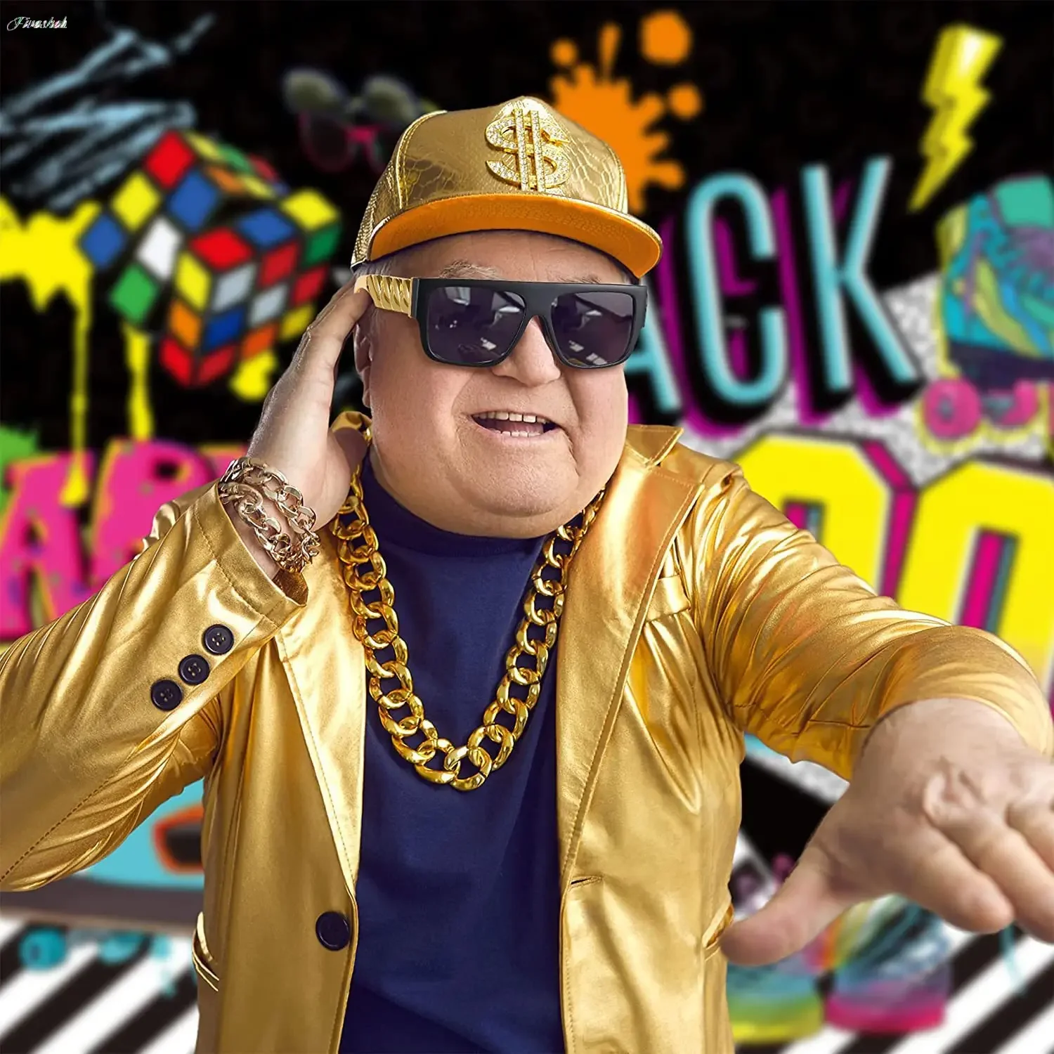 Zestaw akcesoriów w stylu hip-hop punk: naszyjnik z symbolem dolara, złoty łańcuszek, okulary, pierścionek, bransoletka, motyw lat 80. i 90. dla mężczyzn.