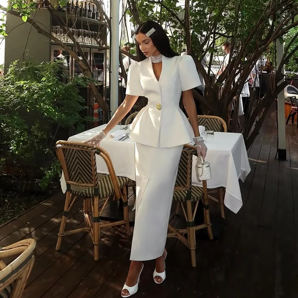 Customized Luxury White Women's Suits 2-Piece Set High Quality Office One Button Blazer Set Evening Female Outfit Jacket+Skirt