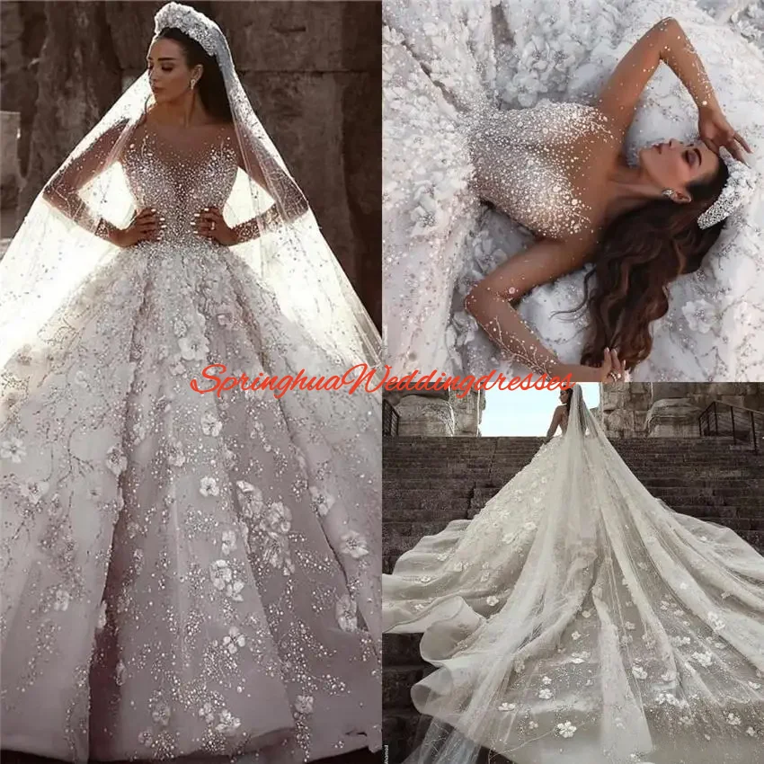 

Customized Luxury Dubai Arabic Beading Princess Wedding Dress Lace Floral Ball Gowns Long Sleeves Bridal Gowns Sweep Train