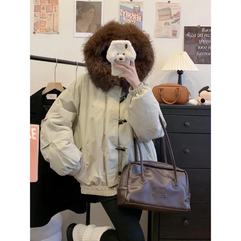 

Пуховая хлопковая куртка-парка, новинка 2024, зимняя женская куртка с роговой пуговицей, длинные стеганые куртки с воротником из искусственного меха, утепленное свободное пальто