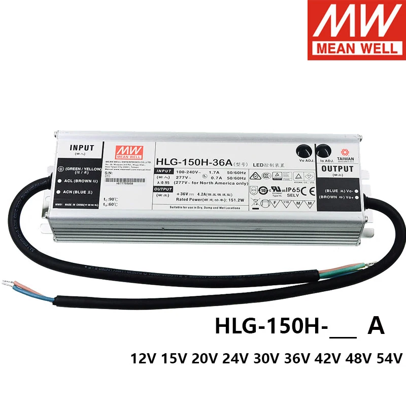 

MEAN WELL HLG-150H A Type 12V 15V 20V 24V 30V 36V 48V 42V 54V 150W Single Output Adjustable LED Lighting Switching Power Supply