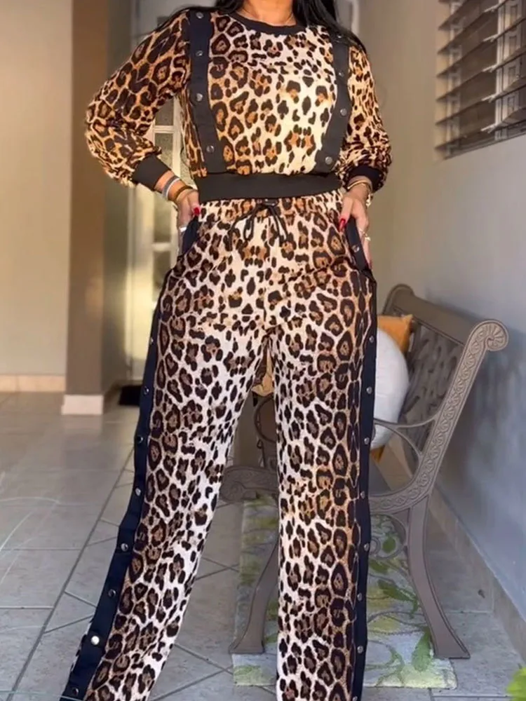 Autumn Winter Leopard Print 2 Piece Set for Women Long Sleeve O-neck Top and Split Pants Matching Sets Night Club Outftis Button