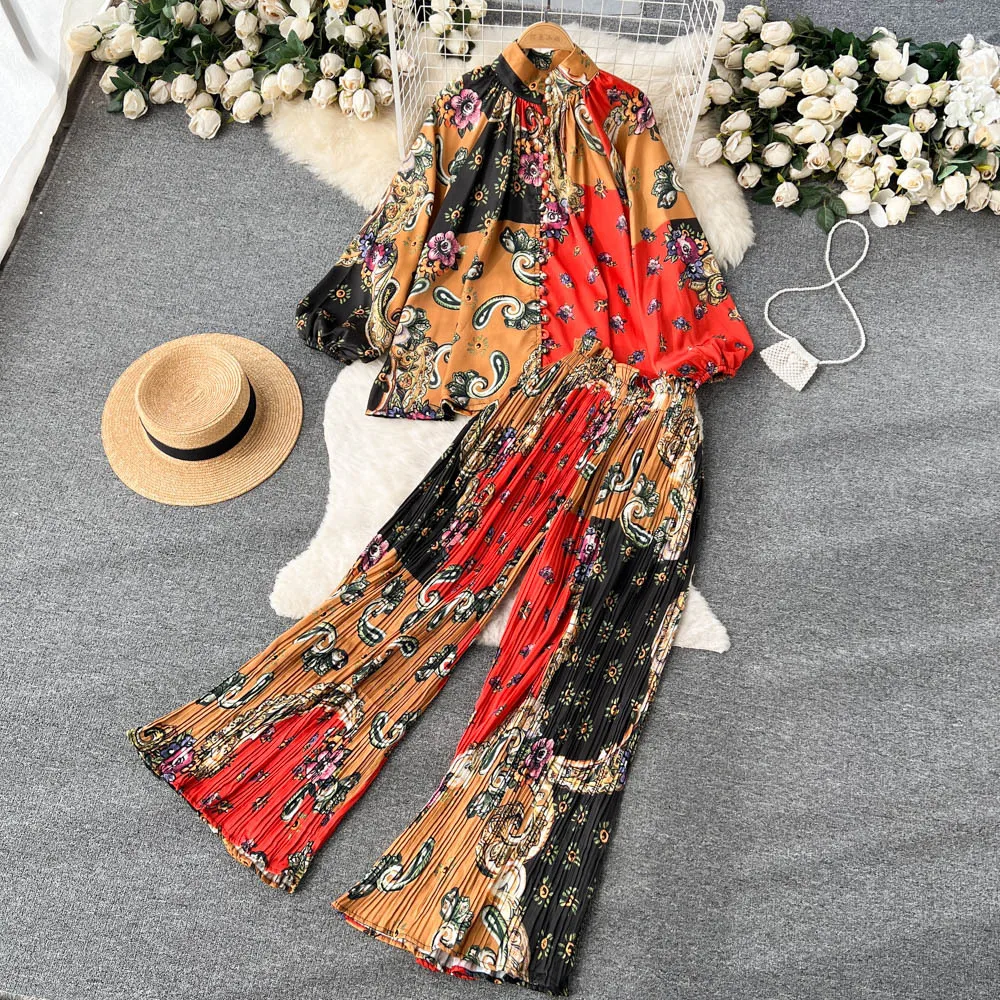 New Autumn Printing Loungewear Women Set Lantern Sleeve Half High Neck Loose Shirt+Wide Leg Pleated Pants Two Piece Pajama Sets