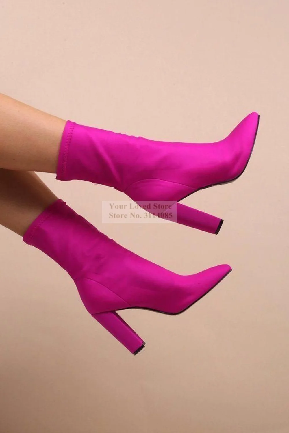 Women Hot Pink Satin Cloth Chunky Heel Mid-Calf Boots Pointed Toe Block Heels Middle Boots Lycra Fabrice Elegant Dress Shoes