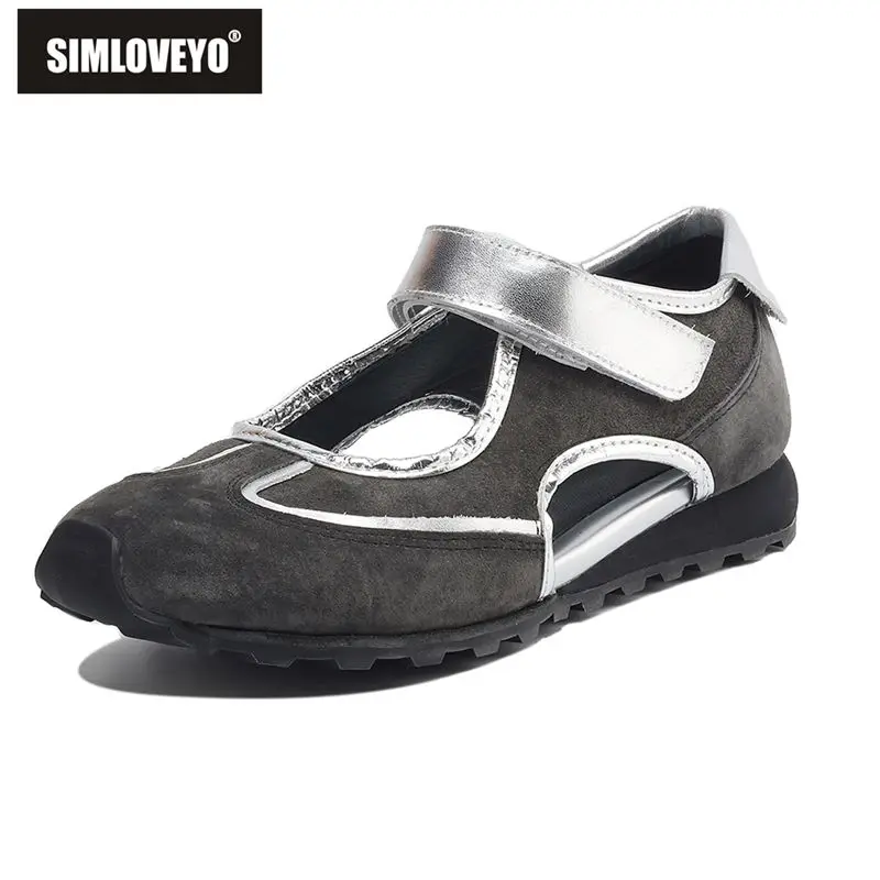 SIMLOVEYO Retro Genuine Leather Women Sandals Round Toe Flats Hook&Loop Mixed Color Soft Outdoor Casual Daily Lady Shoes