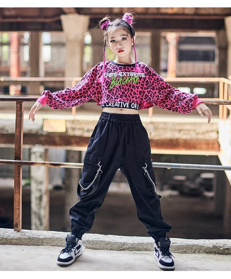 

New Jazz Dance Costume Kids Girls Pink Leopard Top Long Sleeves Casual Cargo Pants Hip Hop Dance Clothes Street Rave Wear