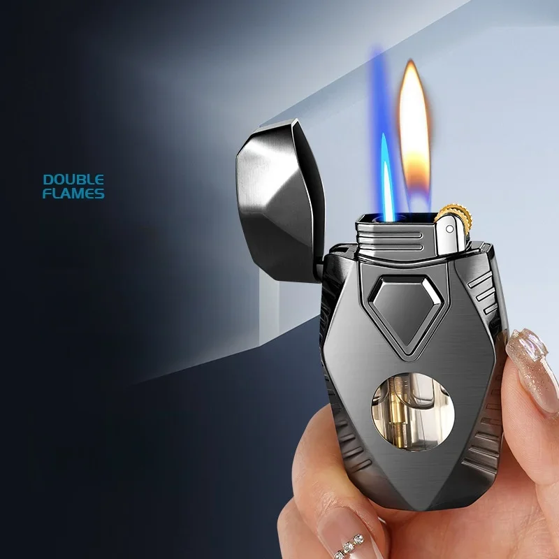 Metal Diamond Double Flame Butane Gas Lighter Visual Gas Window Creative Open Flame Conversion Jet Flame Cigar Lighters Smoking