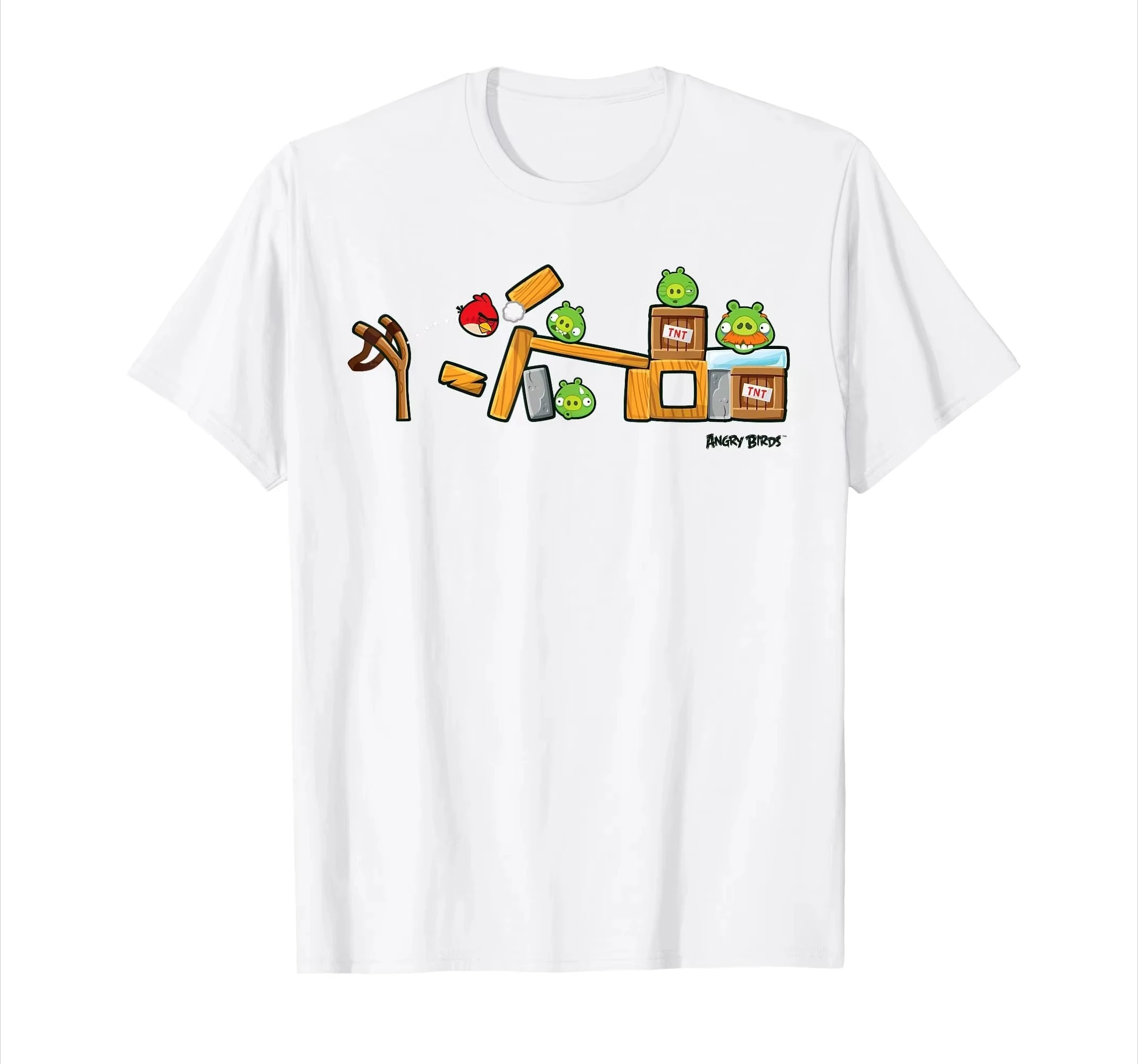 Angry Birds Slingshot Game Scene T-Shirts Classic Video Game Graphic Tee Red Bird Launching At Pigs Wooden Structure Print Shirt