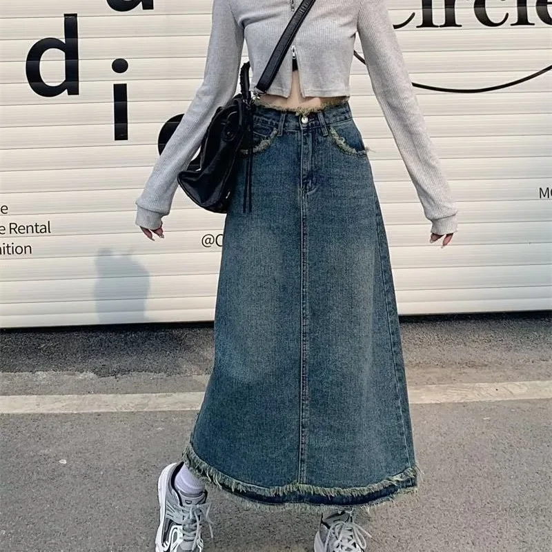 Women\'s Long Denim Skirt Retro Burlap High-waisted Cowboy Skirt Streetwear Trend Fashion Loose Large Size A-line Y2k Jean Skirt